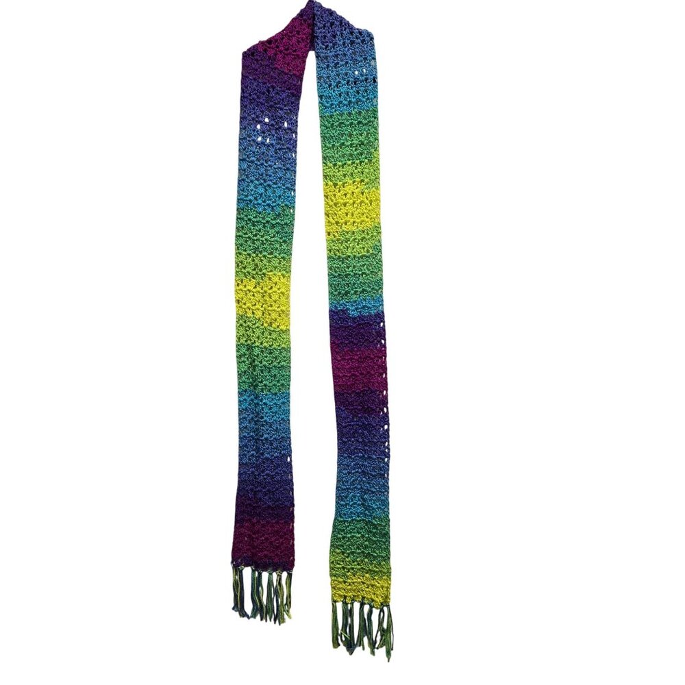 Handcrafted Rainbow Crochet Open Knit Scarf Pride Tassels Festival - Picture 2 of 3